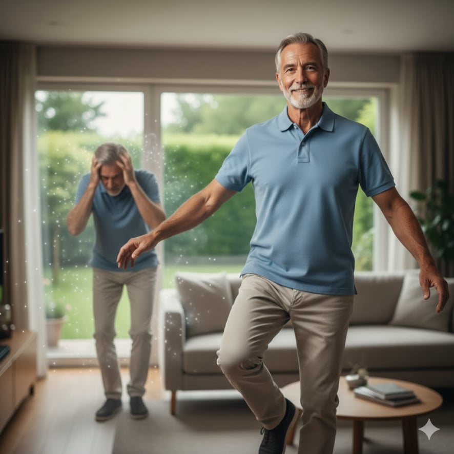 Older man feeling steady, symbolizing relief from dizziness and improved balance